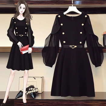 Plus Veľkosti 4XL Ženy 2021 Jeseň Jeseň Elegantné Čierne Šaty O Krk Šifón s Dlhým Rukávom Vintage Koleno Šaty Office Dámske Oblečenie
