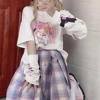 HOUZHOU Anime Tlač Nadrozmerné T-shirt Ženy Harajuku Patchwork Dlhý Rukáv Grafické T Košele Kawaii E Dievča, Japonská Streetwear