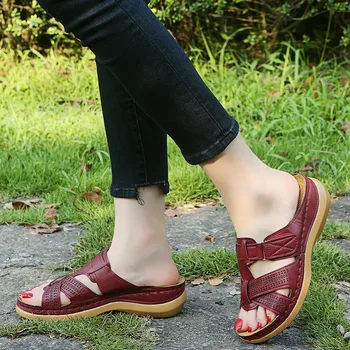 Letné Ženy Klin Sandále Premium Ortopedické Otvorené Prst Papuče Vintage Anti-Slip Kožené Bežné Ženské Platformu Retro Topánky