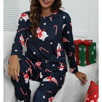 Vianočné Ženy Pyžamo Nastaviť Sleepwear Y2k Dlhý Rukáv Santa Claus Tlačených Topy a Elastický Pás Nohu Nohavice Vianočné Oblečenie