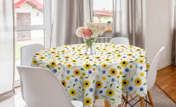 Žltý a Biely Okrúhly Obrus Usporiadanie Summer Sunflower Kruhu obrus Kryt pre Jedáleň, Kuchyňa Decor & Party