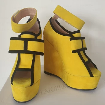 BERZIMER Ženy Čerpadlá Platformu Kliny Típat Prst Patchwork Sandále Strany Klubu Zvýšenie Výšky Dámy Topánky Žena Plus Veľkosť 40 46 52