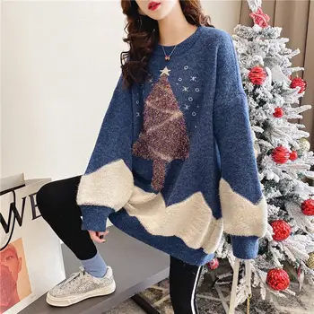 2021 jesenné a zimné dámske pletené sveter strednej dĺžky voľné dievča pulóver farby zodpovedajúce výšivky Vianočný sveter ženy