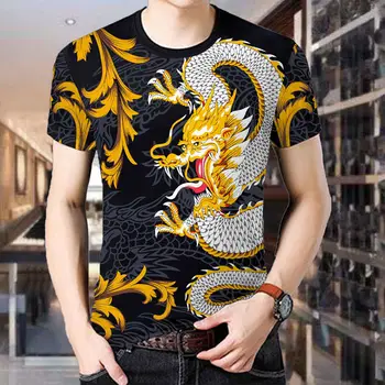 3D tlačené-krátke rukávy módne T-shirt pánske letné Čínsky štýl Tenglong plus hnojivo na zvýšenie pánske oblečenie žiadne divoké