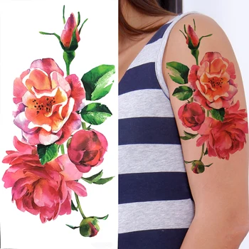 Sexy Kvet Dočasné Tetovanie Pre Ženy, Dospelých Dahlia Orchidea Cherry Pivónia Tetovanie Nálepky Pobočky Falošné Akvarel 3D Tatoos Papier