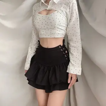 Y2K Emo Dievča Čierna Sukňa S Očkom Čipky Viazané Prehrabať Mini Sukne Kawaii Punk Oblečenie