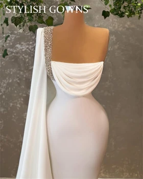 Elegantné Nové Biele Rameno Večerné Šaty 2021 Korálkové Svadobné Šaty Vestido Fiesta De Boda