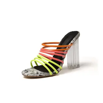 2020 Nové sexy multi hada tlače sandále ženy otvoriť leňoch zmiešané farby transparentná blok päty sandále crystal papuče čerpadlá