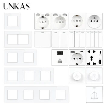UNKAS Biele Sklo Panel DIY Zadarmo Kombinácii francúzsky EÚ Pätice Typu C, Dual USB 1 2 3 4 Gang 1/2 Way On/Off Tlačidlo Prepnúť
