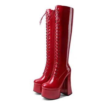 GIGIFOX Goth Shoelace Zips Platformy Robustný Vysoké Podpätky Červená Čierna Kolená Vysoké Čižmy Zimné Žena, Veľká Veľkosť 43