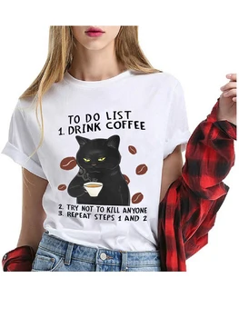 FLC Kawaii Mačka Krátke Sleeve Tee Topy Zábavné Čierna Mačka Do Zoznamu Unisex Tričko Ženy Oblečenie Harajuku Bavlna Dámske Košele 3xl
