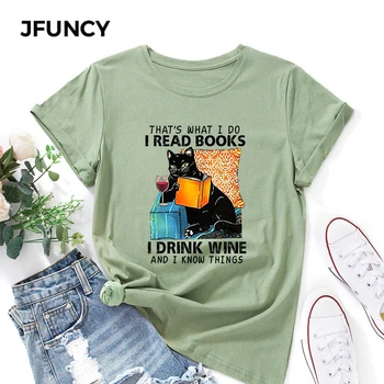 JFUNCY Plus Veľkosť Ženy T-shirt Žena Krátky Rukáv T Shirt Vtipné Mačku Tlač Topy Žena Voľné Košele Letné Bavlnené Oblečenie