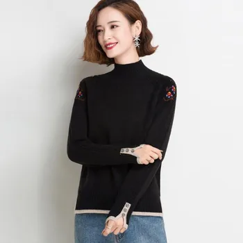 2021 nový pletený sveter vyšívané jesenné a zimné bundy ženy pol vysoká krku split sveter bunda ženy