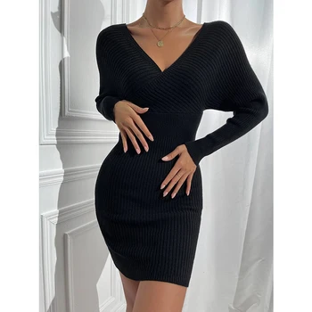 Black tvaru Pletenie Bodycon Sveter Šaty Lady Zimné Oblečenie Sexy Pevné Vysoký Pás Batwing Rukáv Mini Šaty Žien 2021