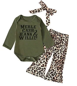 Baby Dievčatá Jeseň Oblečenie Nastaviť Dlhý Rukáv List Tlače O-Krku Romper+Leopard Bell Spodnej časti Nohavice+hlavový most Dieťa 3ks Oblečenia